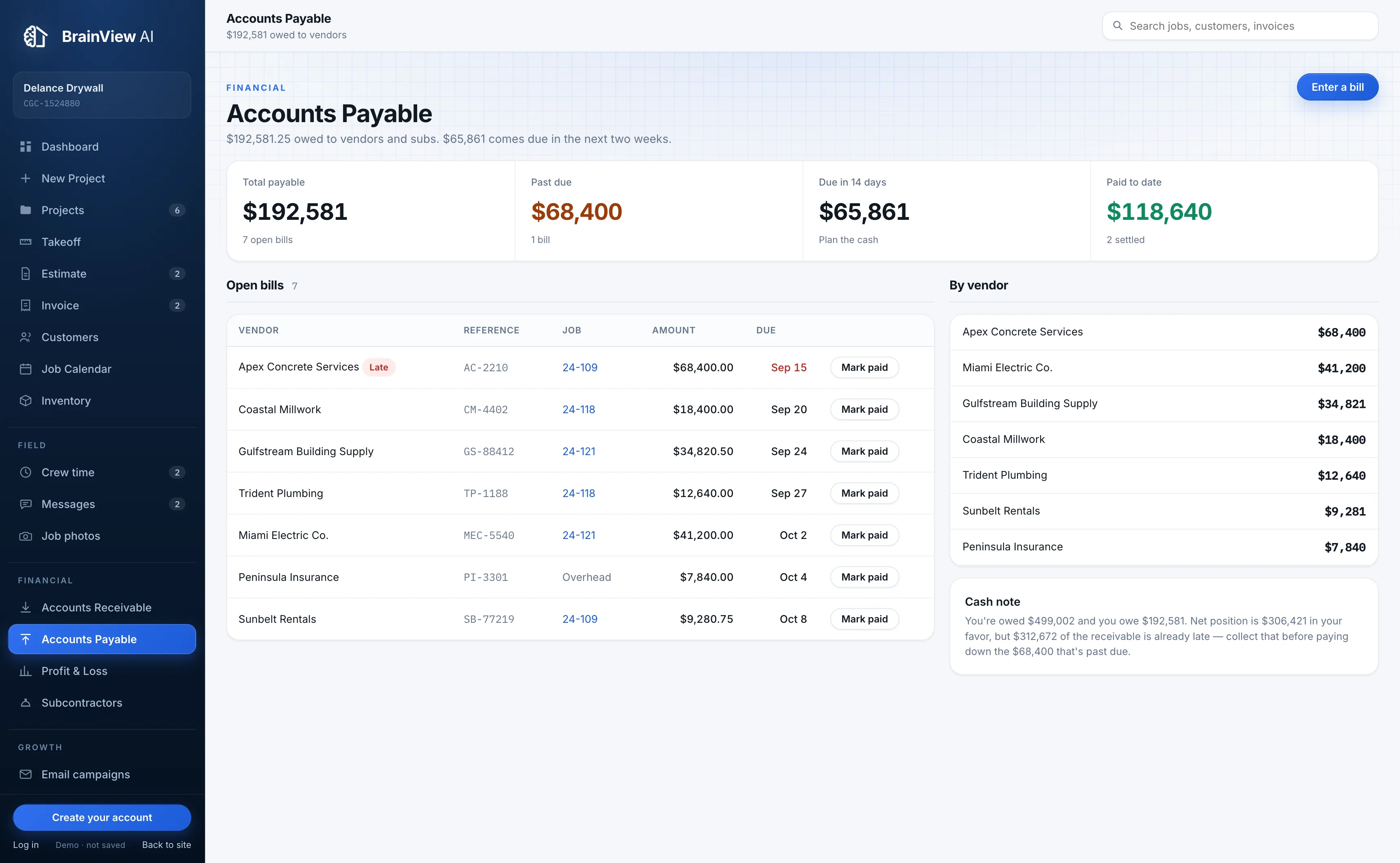 Accounts payable by vendor in BrainView