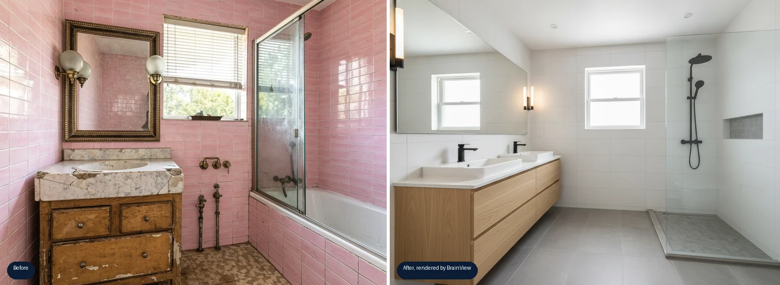 A pink-tiled 1980s bathroom next to the AI-rendered remodel: walk-in glass shower, floating oak vanity, matte black fixtures