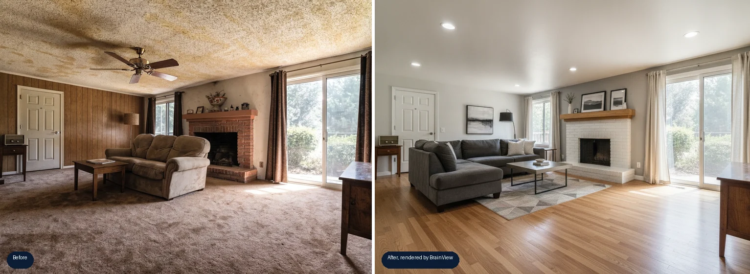 A dated living room next to the AI-rendered remodel: panelling gone, hardwood floors, retiled fireplace