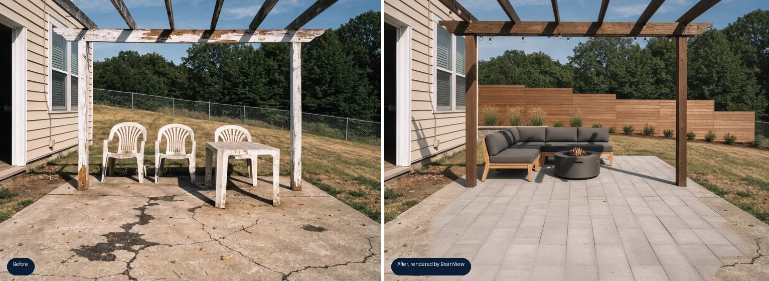 A cracked concrete patio next to the AI-rendered remodel: porcelain pavers, restained pergola, built-in seating and a fire pit